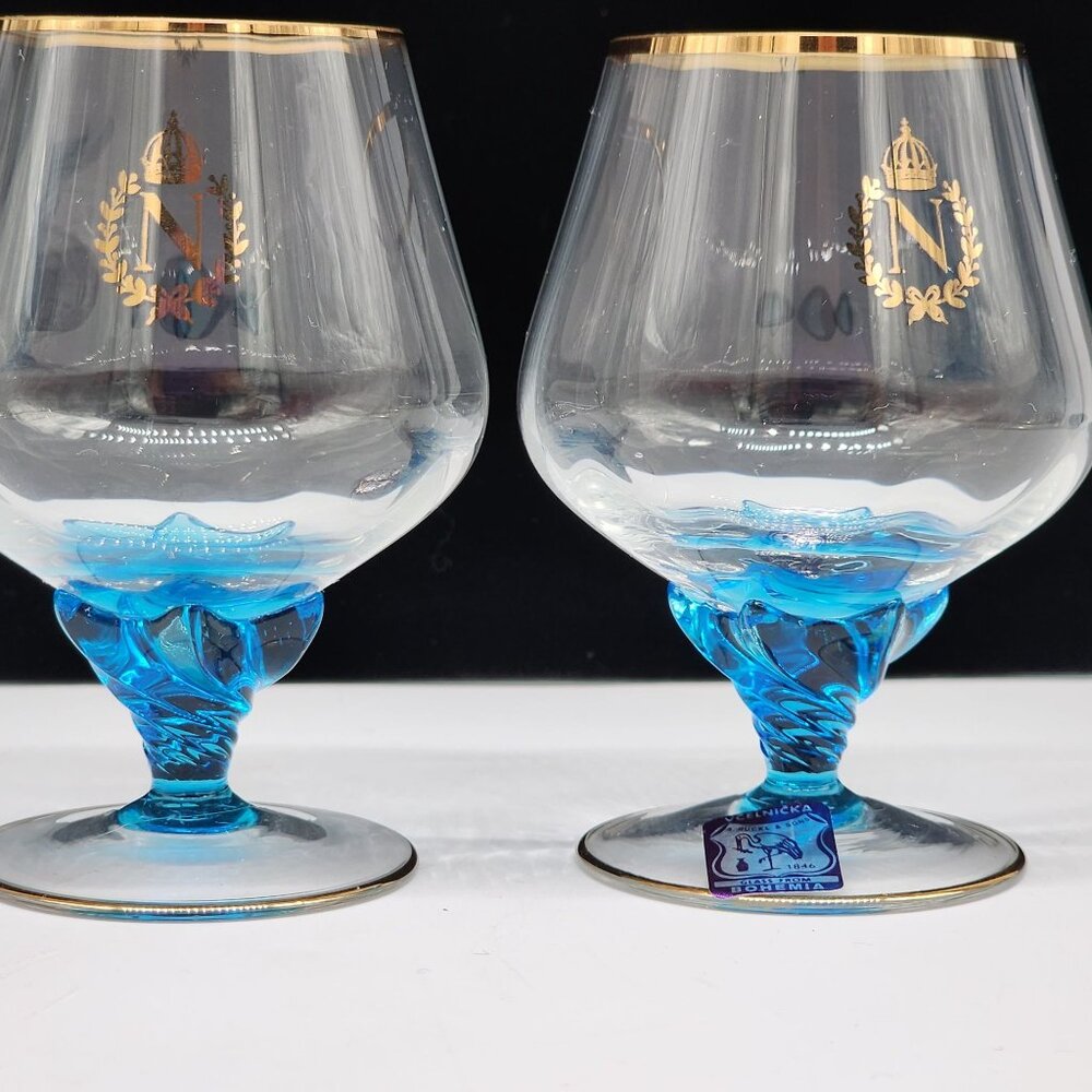 Vcelnicka Bohemia Brandy Snifter Cognac Handblown Blue Glass Gilded Crown VTG - Picture 2 of 11